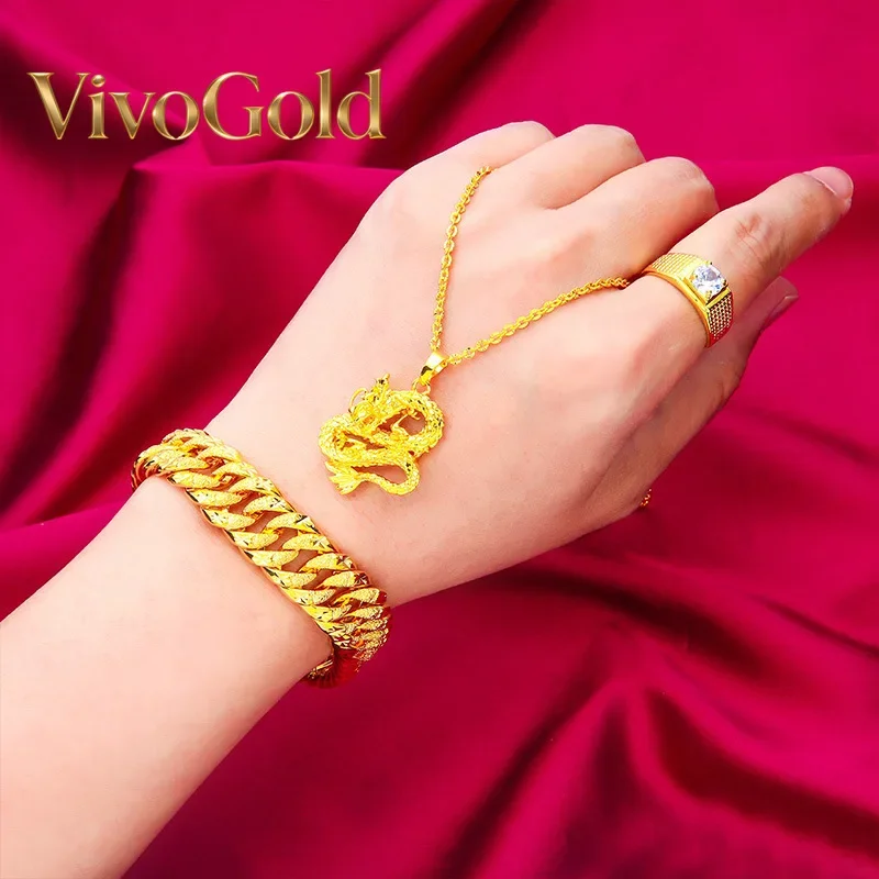 VivoGoldWide Edge Bracelet, Necklace Ring Set for Men 24K Gold, AU999 Double sided star track engravings rotating ring for timel