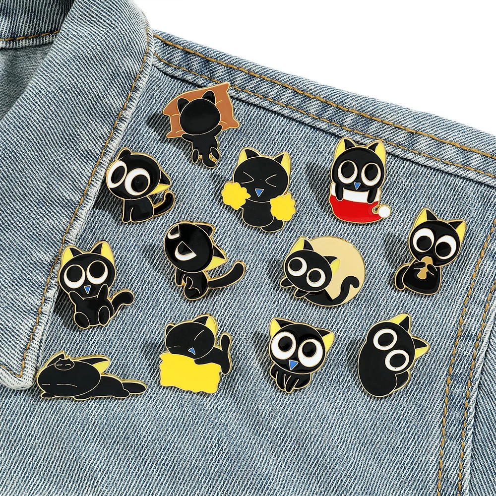 

12 Pcs/set Cute Black Cat Enamel Pin Animal Brooch Pines Lapel Pins Badge on Backpack Clothing Accessories Halloween Gifts