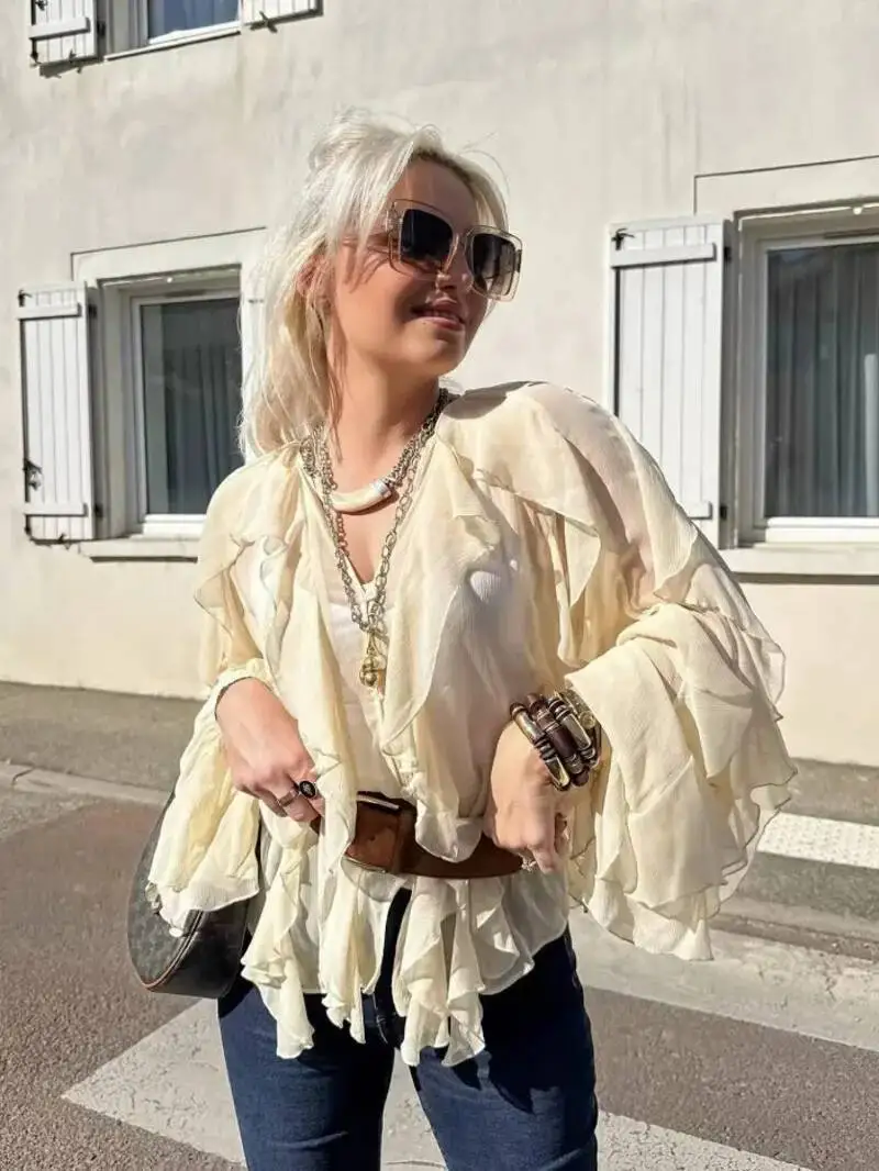 Ruffles Elegant Shirts Blouses For Women 2025 Long Sleeve Semi-Transparent Tops For Women Spring Shirt And Blouse Top BQ9V