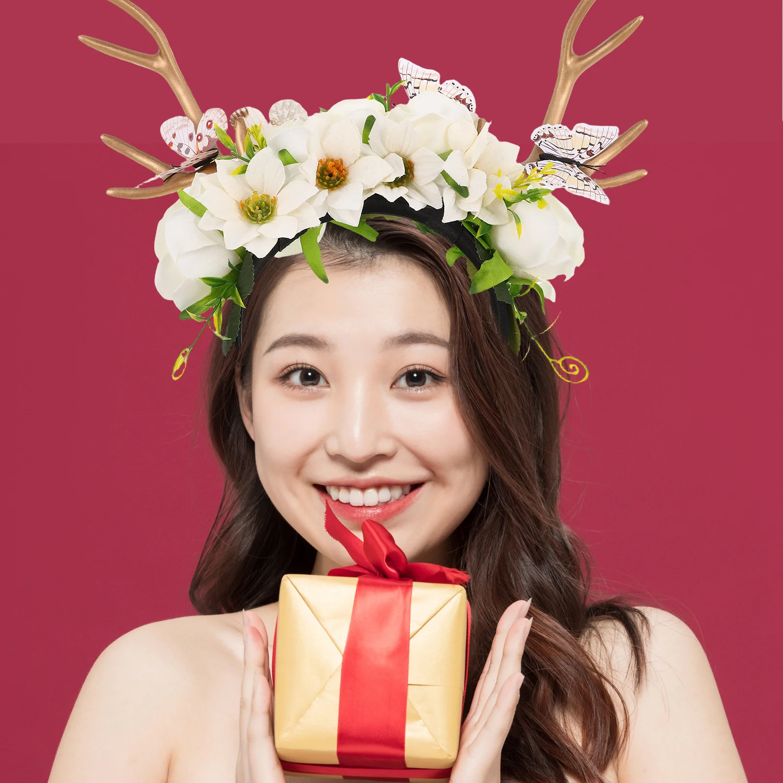 Deer Antlers Headband Exaggerated Floral Butterfly Holiday Party Headwear Reindeer Costume Accessory Cosplay Elk Antler Headband