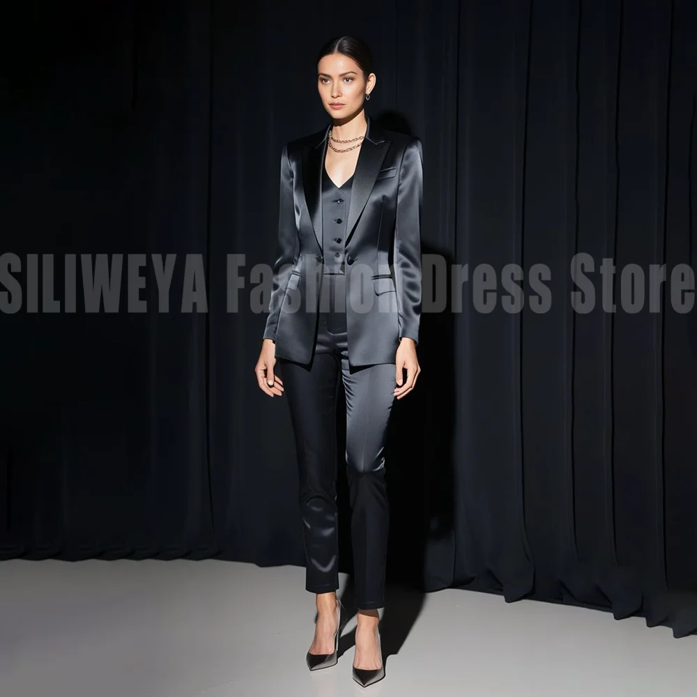 Luxury Women's Suit 3 Pieces Black Satin Slim For Wedding Business Work Office Daily Commute Casual Blazer Set Jacket+ Pant+Vest