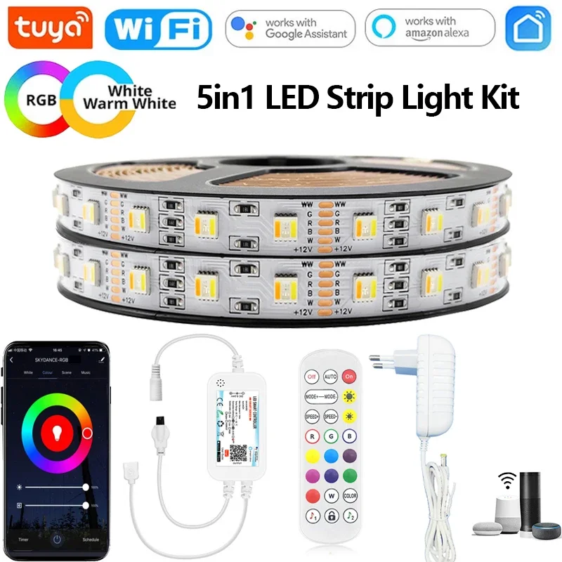 Tuya Wi-Fi LED Strip Lights Kit, 5em 1, DC12V, 5050, RGBCCT, RGB + W + WW, APP, voz, controle remoto, Smartlife para Alexa, Google Home, 1m-5m