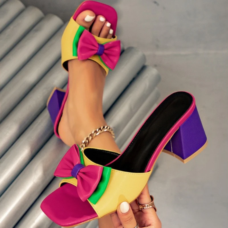 Mixed Color Bow Chunky Heel Slippers Women Summer Bohemian Style Sexy Open Toe Slide Sandals Ladies Comfort Vacation Beach Shoes