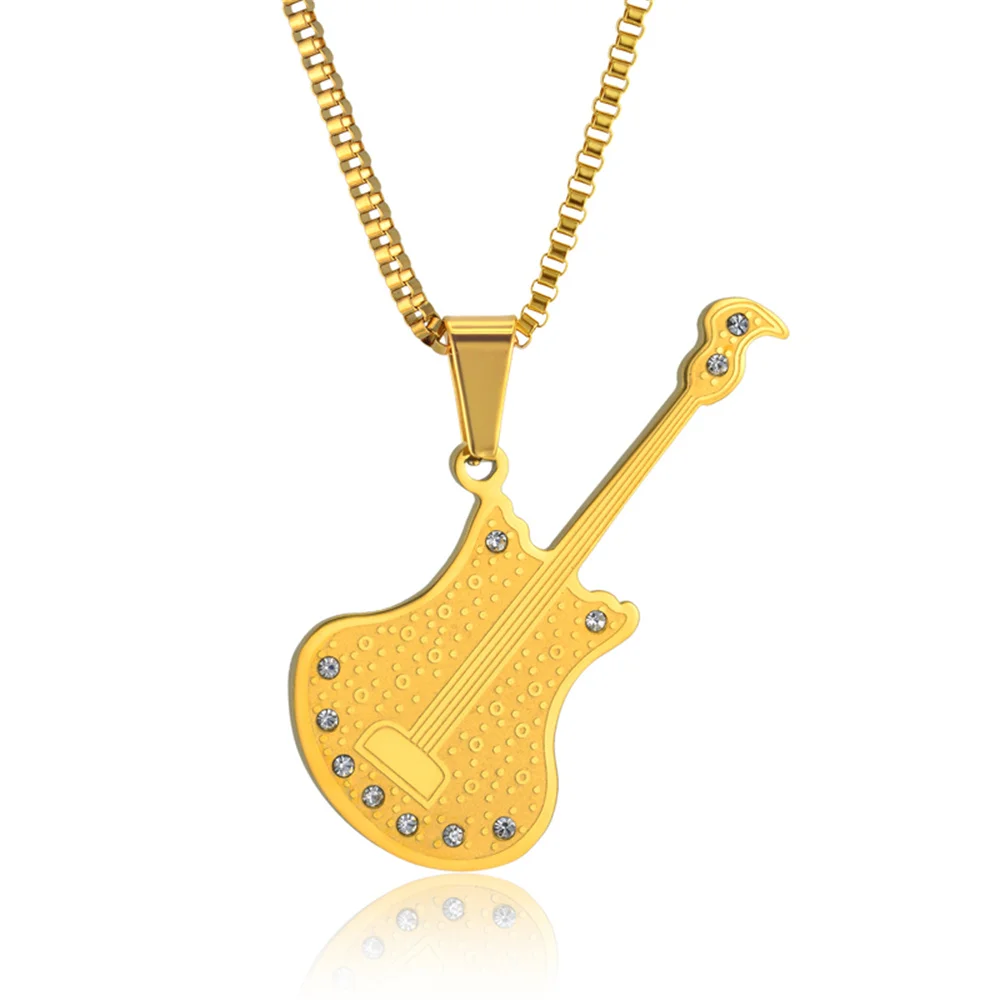 

Punk Rock Fashion Guitar Pendants Gold Silver Color Stainless Steel Chain Rapper Music Necklace For Women Men Hiphop Jewelry