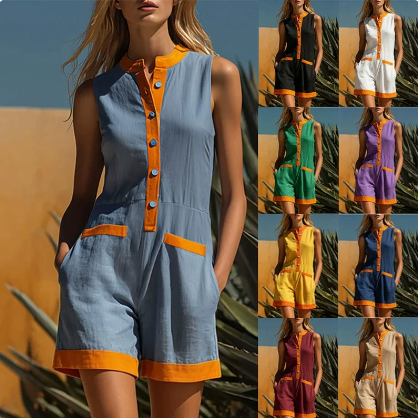 

Women's Sexy Sleeveless Romper Contrast Stand Collar Button Pocket Casual Short Romper Loose Beach Vacation One Piece Jumpsuit