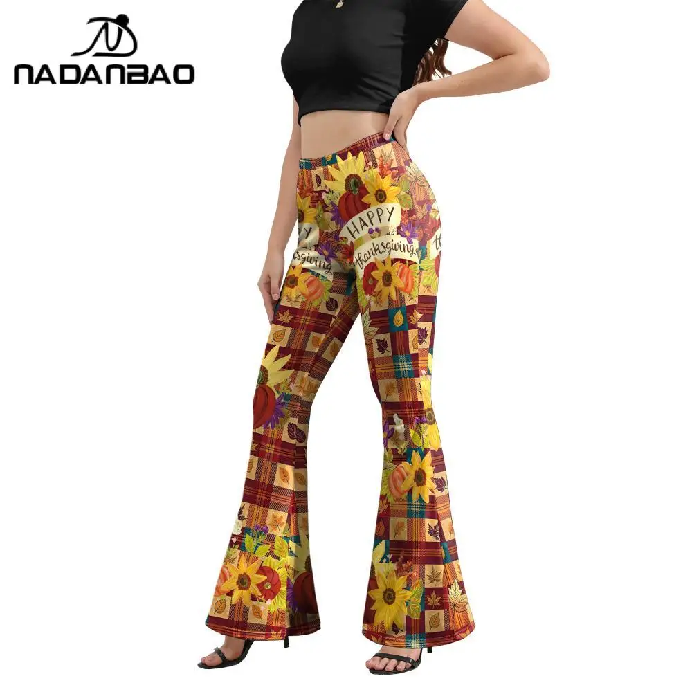 Nadanbao Sunflower Pumpkin Print Flared Pants Happy Thanksgiving Bell Bottoms Women High Waist Plaid Trouser Holiday Party Wear