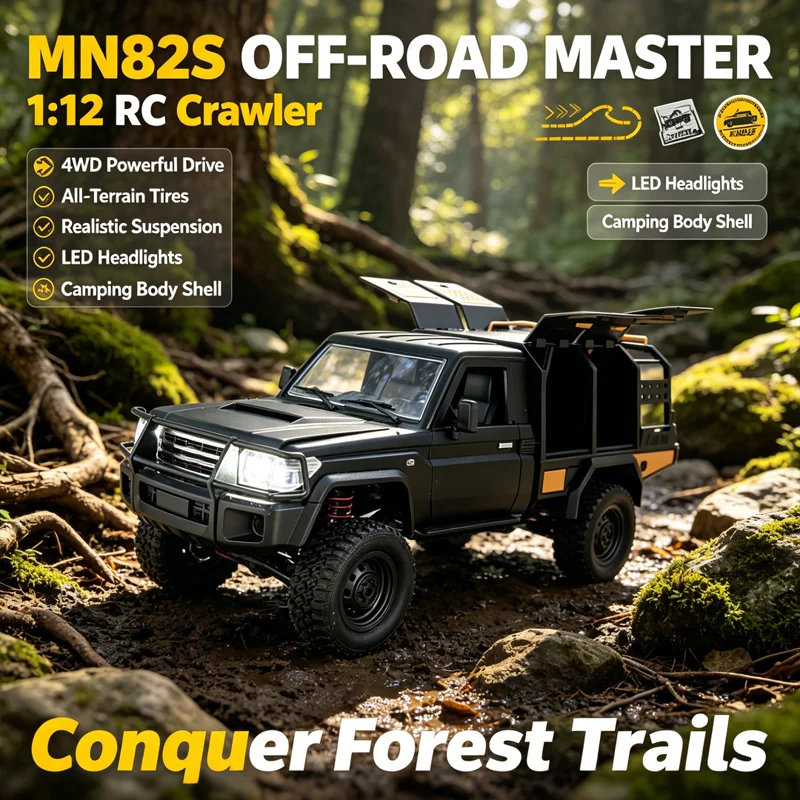 

MN82S 1:12 Scale RC Off-Road Camping Truck 4WD All Terrain Crawler With LED Headlights Realistic Suspension Model For Boys Gifts