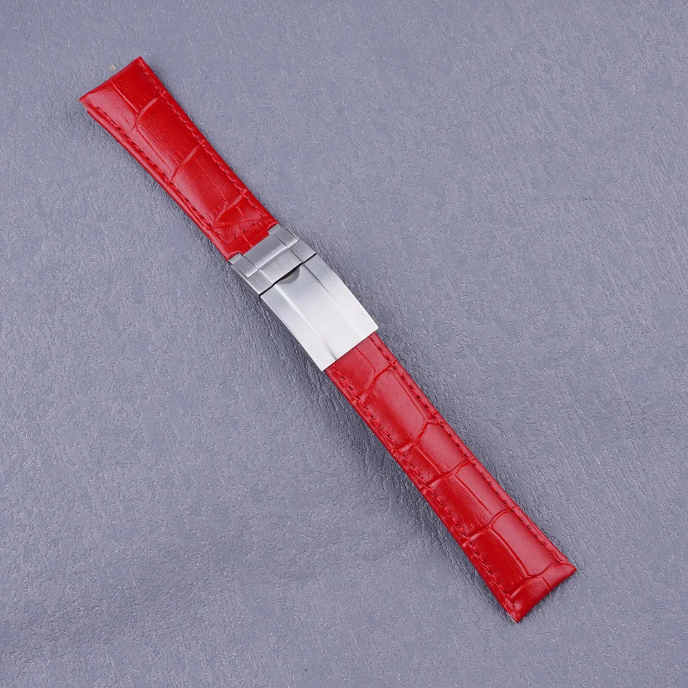 

20mm Red Leather Strap with Middle Polish/Milddle Gold/Silver Brush Clasp WatchBand For OYSTER GMT SKX Black BAY Luxury Style