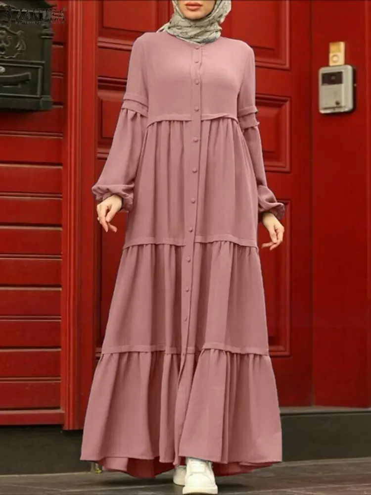 ZANZEA musulman Hijab robes Ramadan Abaya Robe Femme femmes élégant à manches longues plissé Robe d'été solide bouton Robe caftan 2026