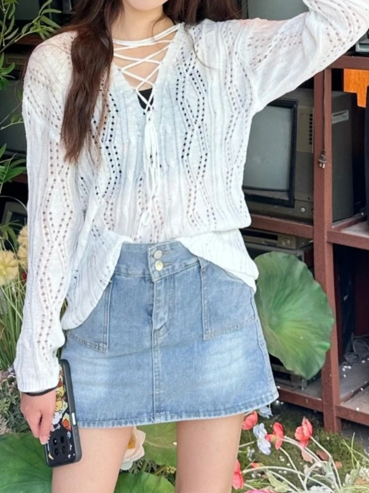 

Пуловеры женские солнцезащитные летние эстетические мягкие ажурные свободные повседневные стильные модные вязаные однотонные тонкие свитера милый стиль