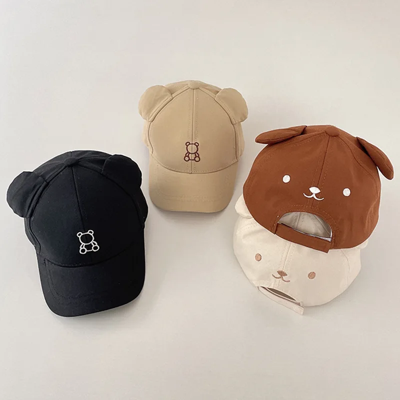 Korean Cute Baby Hat With Ears Cartoon Bear Embroidery Cotton Baseball Cap For Boys Girls Spring Summer Adjustable Kids Sun Hats