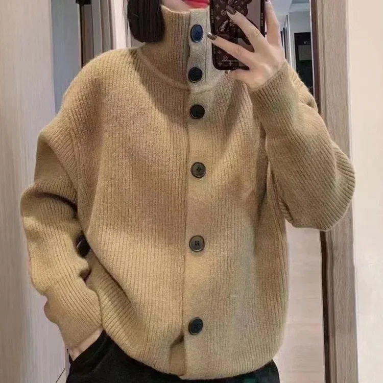 

Korean Style Sweater for Women, High Neck Coats, Simple Knit Cardigan, Casual Single Breasted, Women Clothes, Spring and Autumn