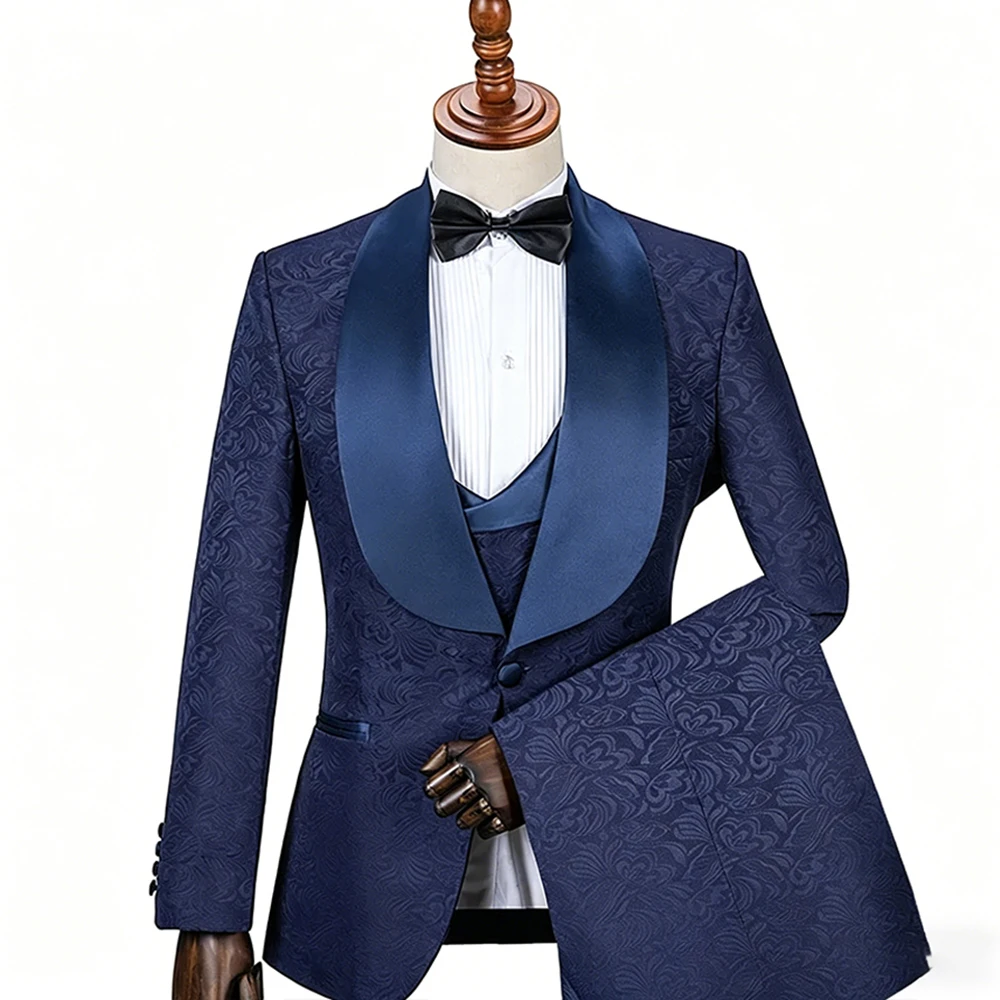 

Elegant Men's Navy Jacquard Tuxedo Suit Satin Shawl Lapel Formal 3-Piece Set for Prom & Party Single Breasted Jacket Vest Pants