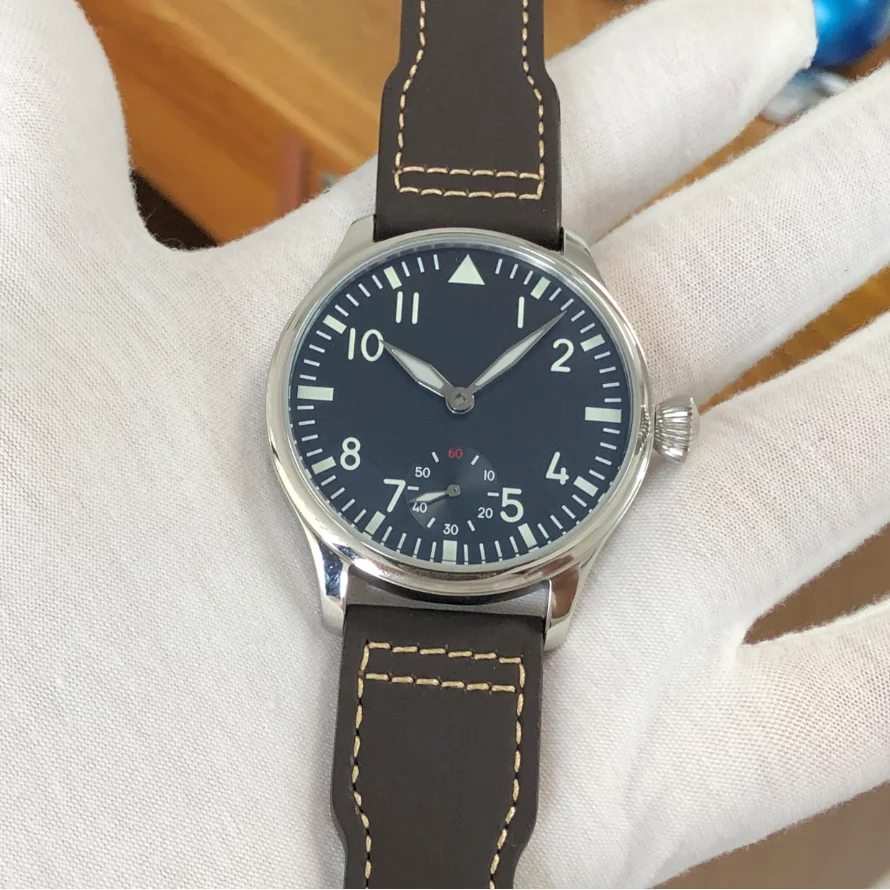 44mm GEERVO No Logo CN 6498 Watch Black Dial Luminous ST361 17 Jewels Mechanical Hand Wind Movement Man's Pilot Watches GR0528