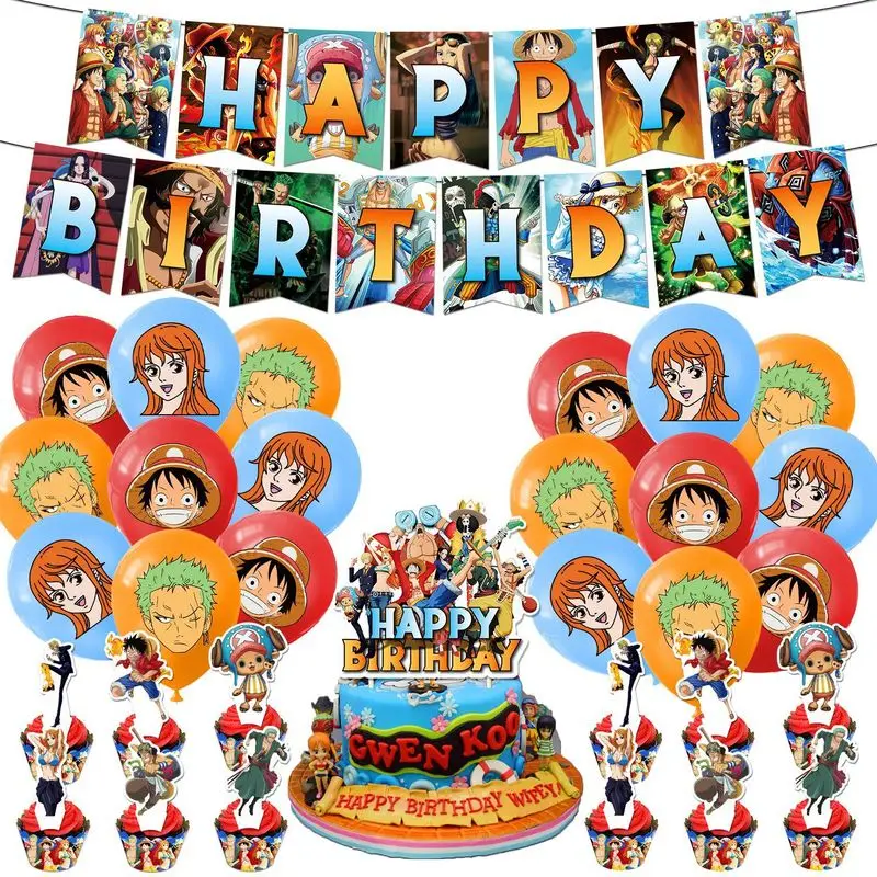 Anime One Piece Themed Birthday Party Decoration Flag Raising Cake Signboard Balloons Spiral Hanging Decor Children Surprise