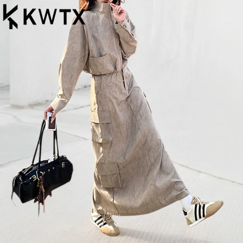 

KWTX 2025 Spring Summer Khaki Waistcoat Jumpsuit Set Zipper Pocket High Waist Skirt Ribbon Trendy Two Piece Outfit