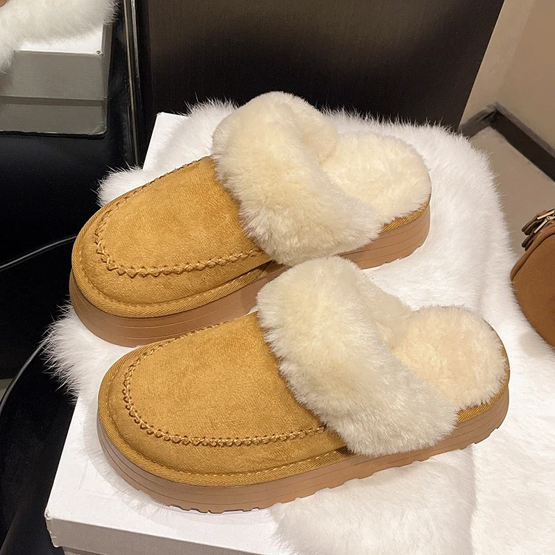 

Женские хлопковые тапочки, зима 2025 года, замшевые нескользящие туфли на танкетке на толстой подошве, новые домашние плюшевые теплые хлопковые туфли на открытом каблуке, Zapatos