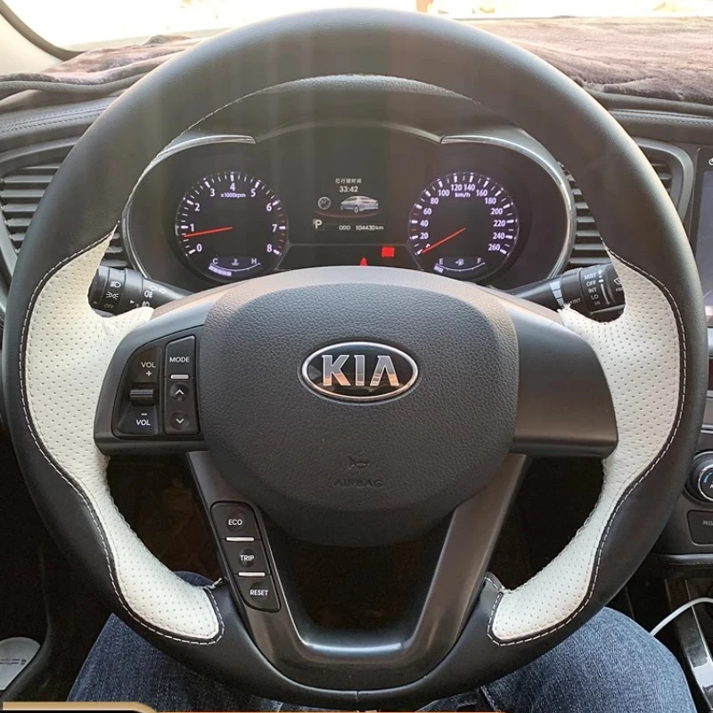 

for Kia K5 Optima 2011 2012 2013 Hand-stitched black white Genuine Leather Non-slip car Steering Wheel Cover