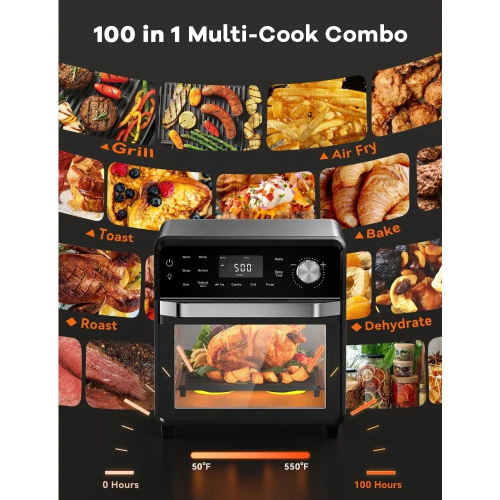 Air Fryer Oven Combo with Sheath Heaters, Authentic Char Flavor, 100 Presets & Smarter Probe & 50-550°F, AirFryer