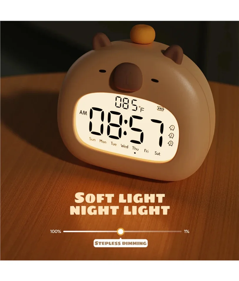Capybara LED Alarm Clock Digital Rechargeable Multi-functional Timer Dimmable Bedside Table Lamp USB