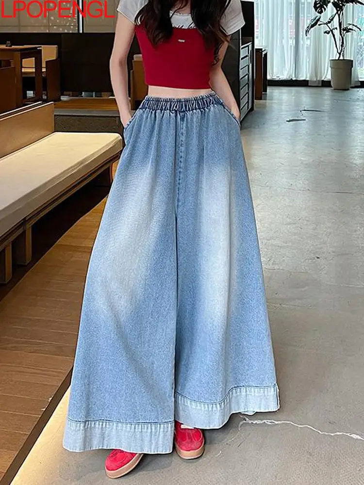 

Новые модные лоскутные винтажные прямые повседневные джинсы большого размера, женские свободные брюки длиной до пола с эластичной резинкой на талии и широкими штанинами