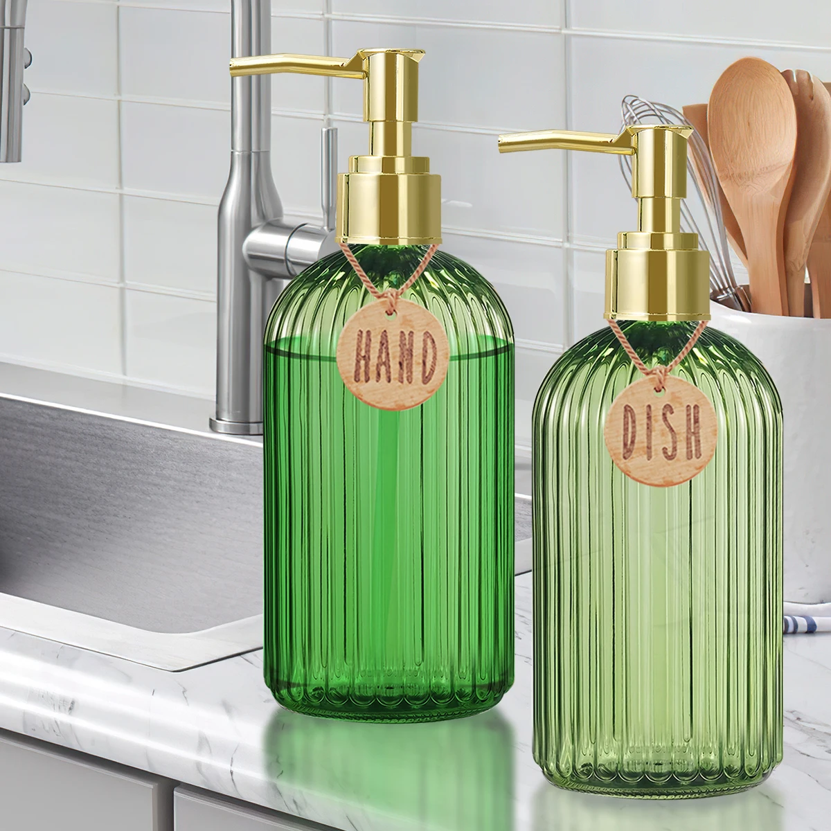 Juego de botellas dispensadoras de jabón para platos y manos para fregadero de cocina con etiquetas, subembotellado de jabón líquido recargable para decoración del hogar