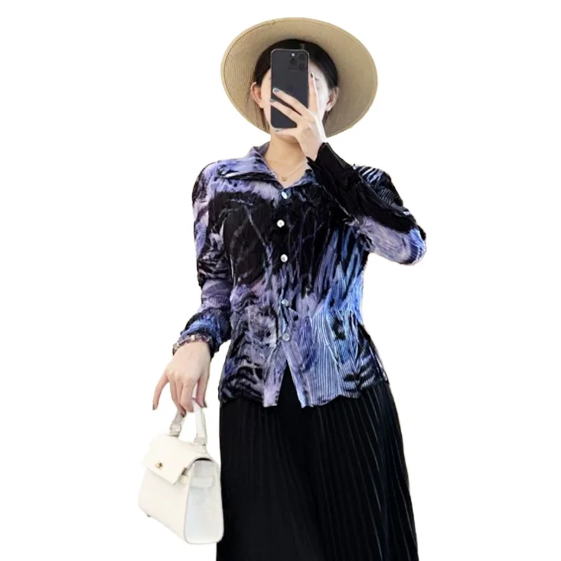 مياكي الأزرق المتخصصة غير النظامية الطباعة المرأة مطوي قميص واحدة الصدر التلبيب مطاطا التخسيس ملابس أنيقة