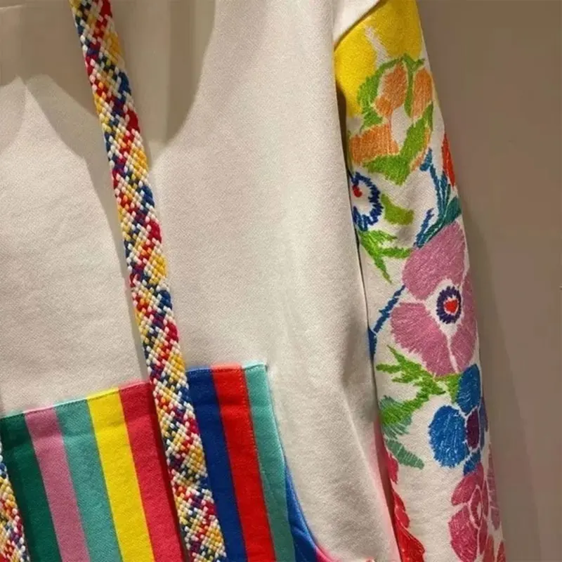 Sudadera de retazos con estampado de flores para mujer, ropa de calle con capucha de Color, jerséis con bolsillo de moda con cordón, primavera y