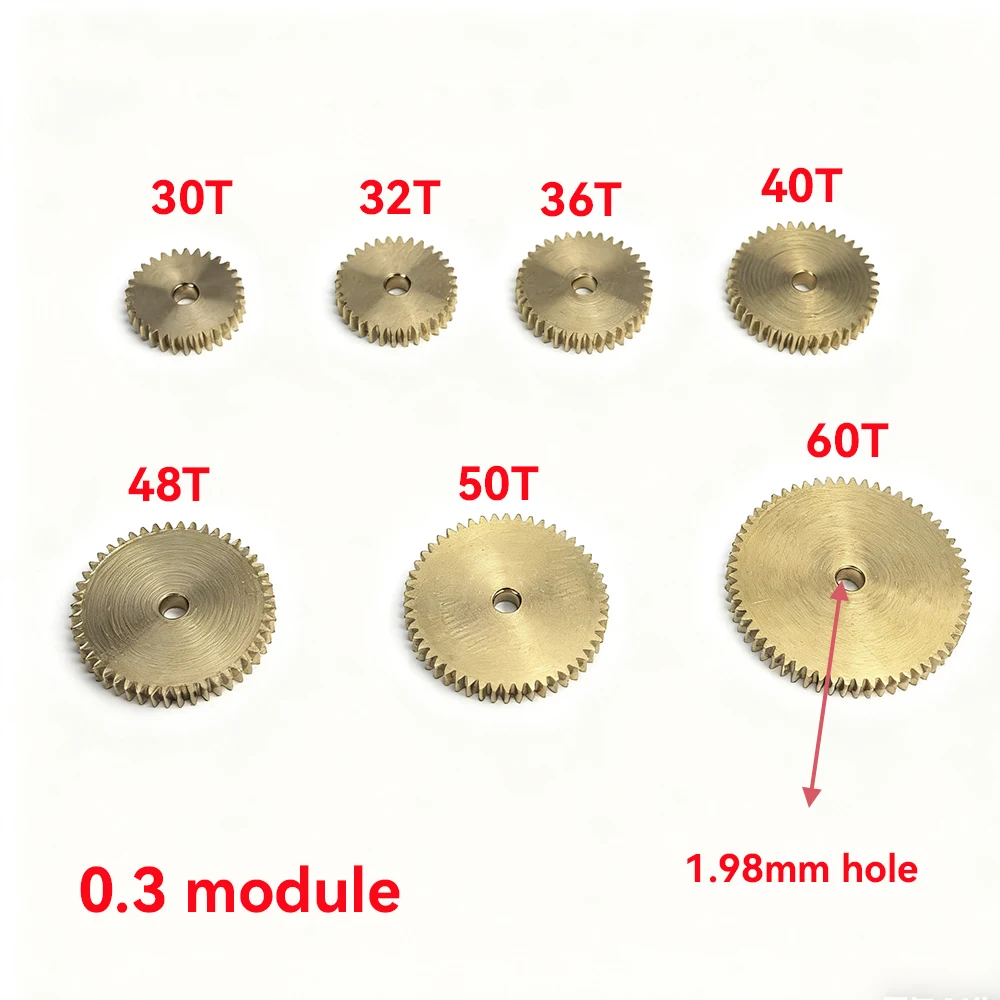 1pc 0.3 Modulus 30/32/36/40/48/50/60T teeth Copper Gear 2mm thickness,1.98mm aperture Fit 2mm Shaft