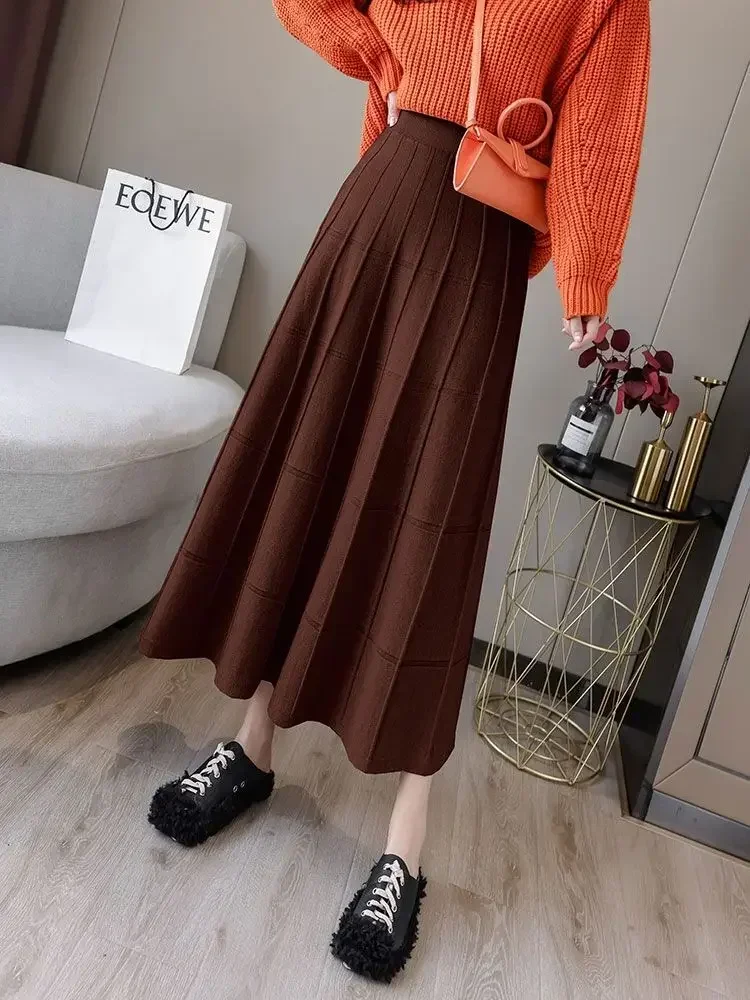 Winter Women\'s Skirts Elegant Knitted A-line Skirt Ladies Ankle-Length Pleated Casual Solid Long Skirts for Women Fashion 2024