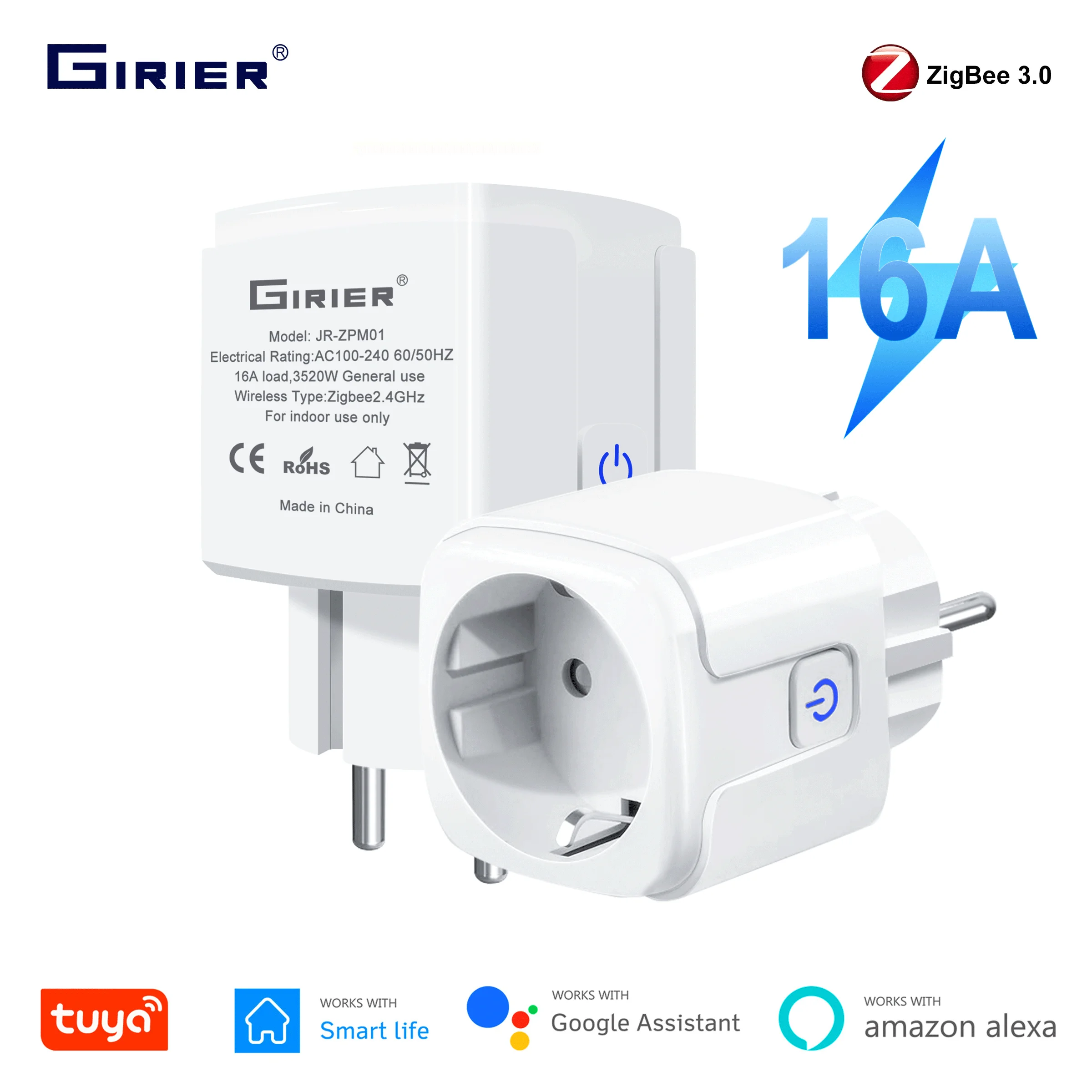 GIRIER Tuya ZigBee Plug 16A Smart Socket Outlet EU with Energy Metering Function 3520W Works with Alexa Yandex Alice Hey Google