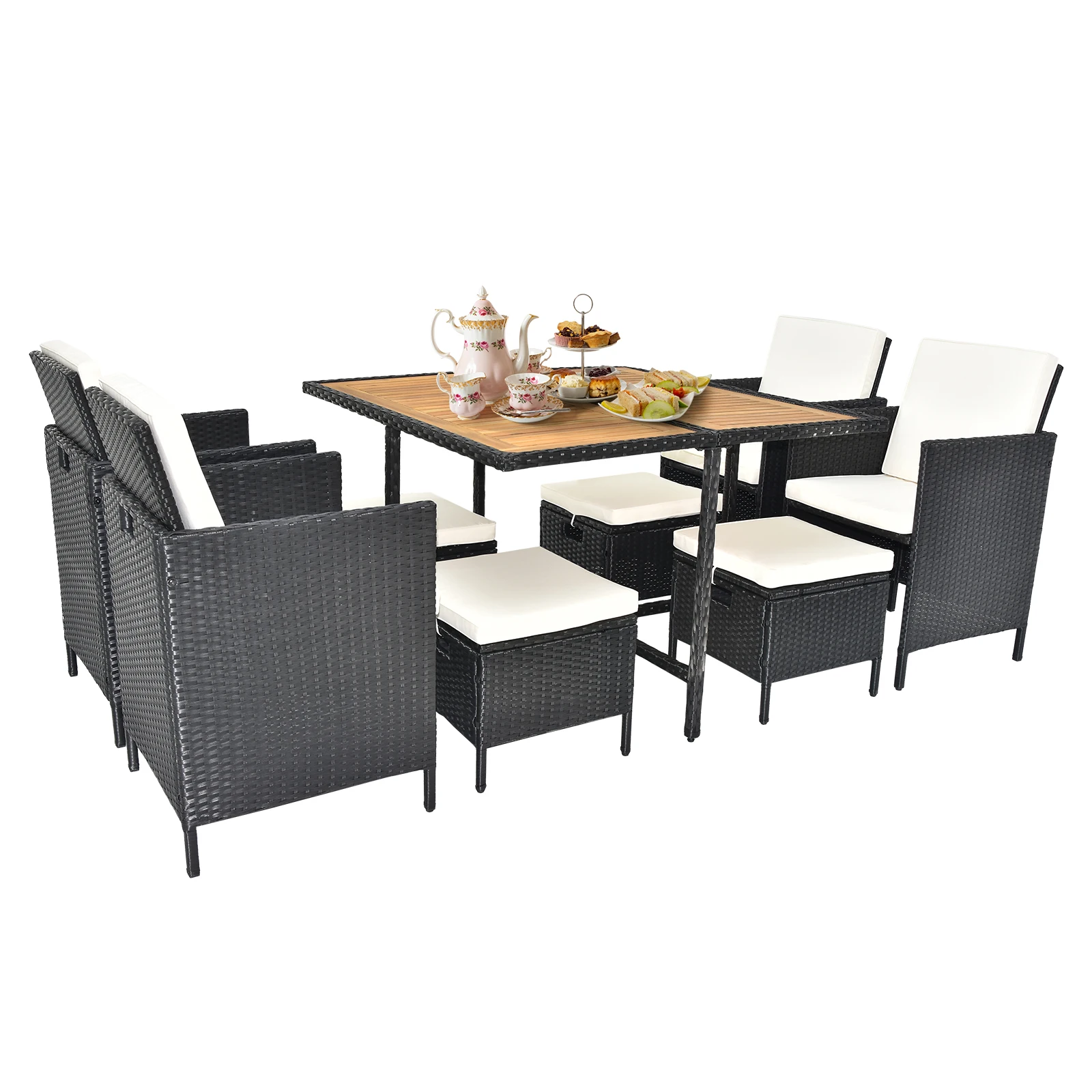 9 Piece Acacia Wood Patio Dining Set, Space Saving Wicker Chairs with Soft Cushions and Wood Table, Outdoor Furniture Set for Ga