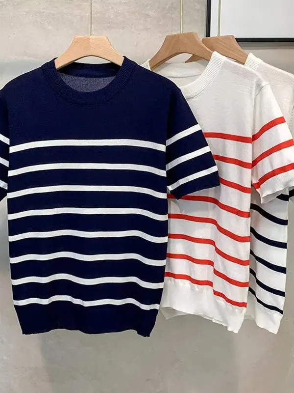 

Summer Men's Knitted Sweater round Ne ort Sve Breathable Luxury Floral Pattern Striped Color Blo Base irt