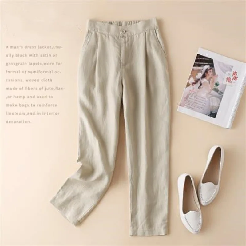 

Versatile Summer Solid Color High Waist Pocket Women's Fashion Casual Loose Elastic Linen Small Feet Suit Harem Cropped Pants