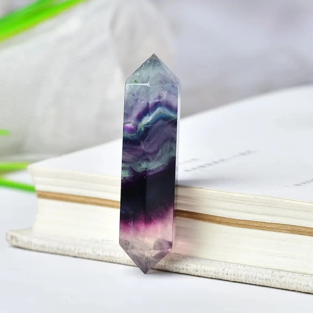 1PC Natural Rainbow Fluorite Quartz Wand Crystals and Healing Stones Hand Carved Double Pointed Tower Home Decor- 1.6