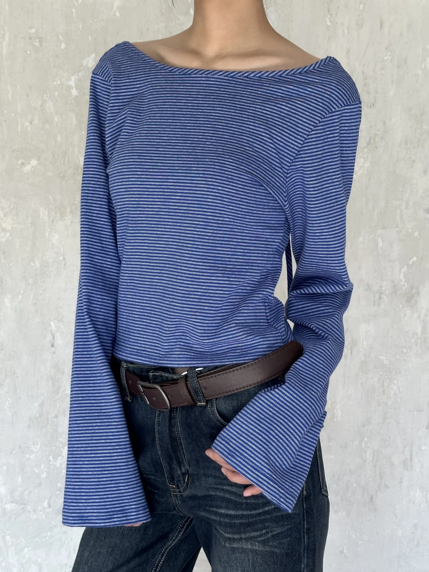 

VintageTang Blue Striped Long Sve Bal T-irt Women's Simple Sle Classic Design Summer Cotton Polyester ort Length