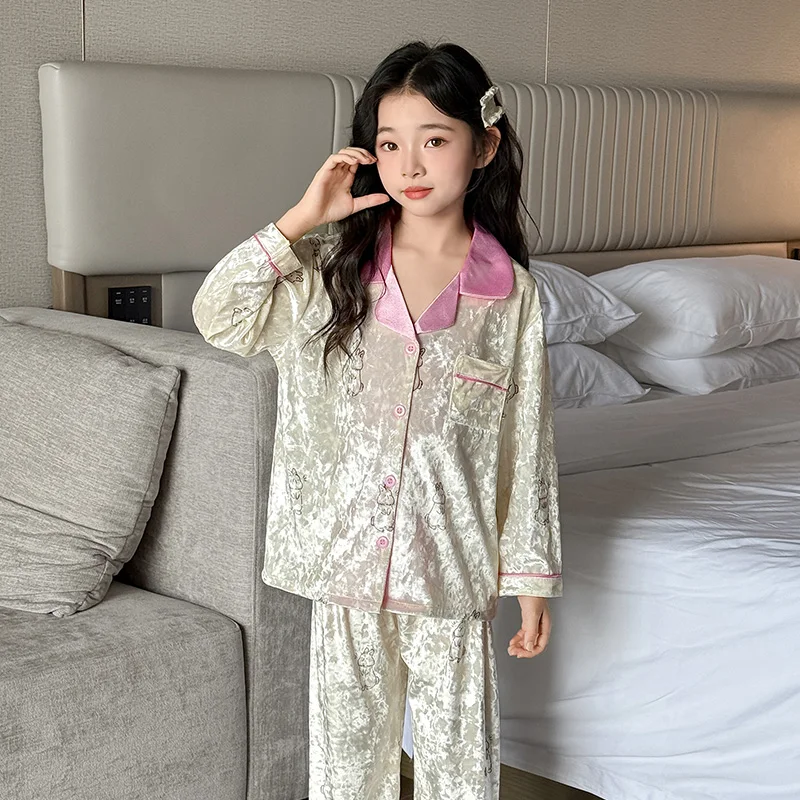 

Baby Girl PJ Top+Bottom Sleepwear Sets Kids Velvet Pajamas Suit Child Long Sleeves+Long Pants Set Princess Nightgowns Size 3-14Y