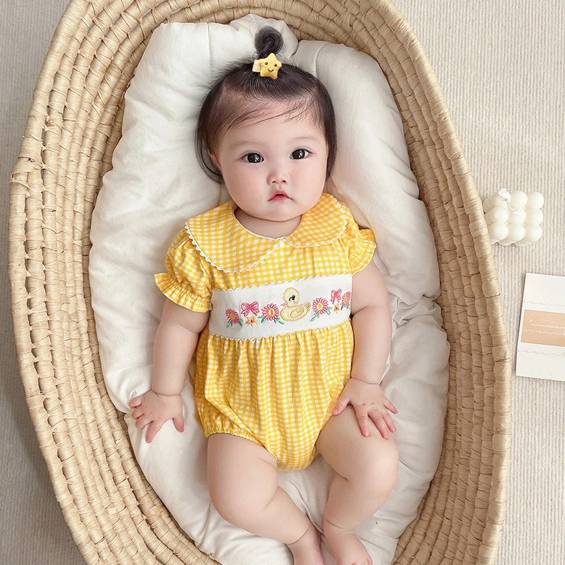 Summer Sweet Infant Baby Girls Short Sleeve Grid Embroidery Rompers Newborn Kids Baby Girls Clothes Rompers