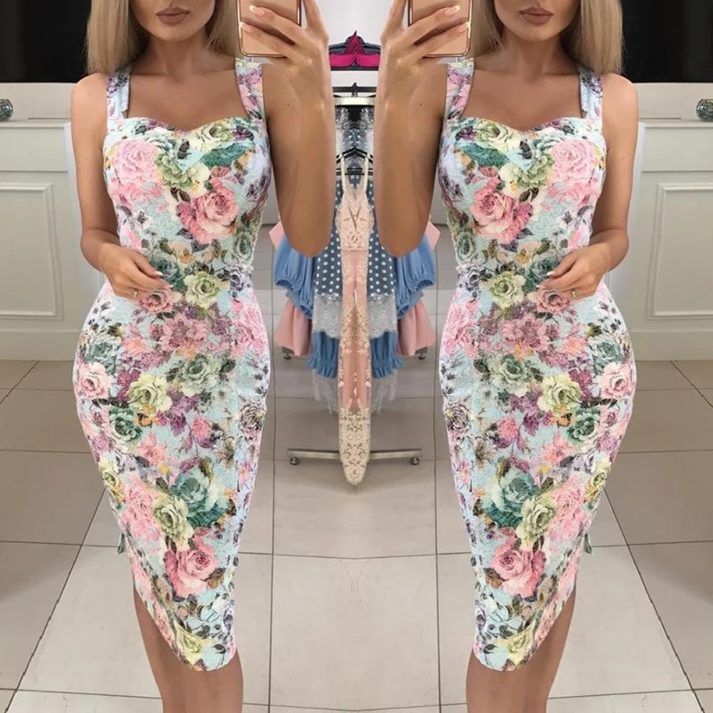 Suknia wieczorowa kwiat róży w stylu Vintage damska sukienka Bodycon Midi bez rękawów z kwiatowym nadrukiem sukienka do klubu bawełniana letnia