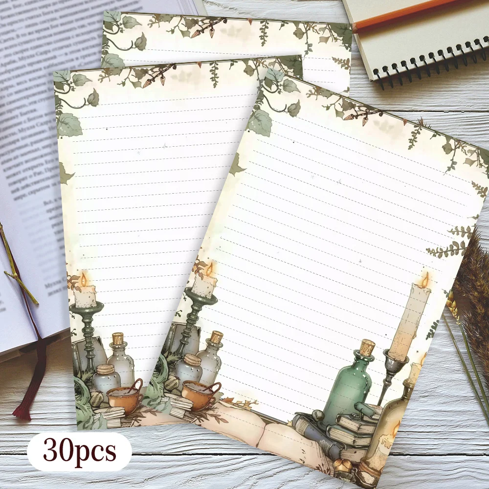 30 Sheets, B5 Green Magic Desk-themed Writing Paper, Lined, Glue-free, Very Suitable For Notebooks, Memos, And Stickers