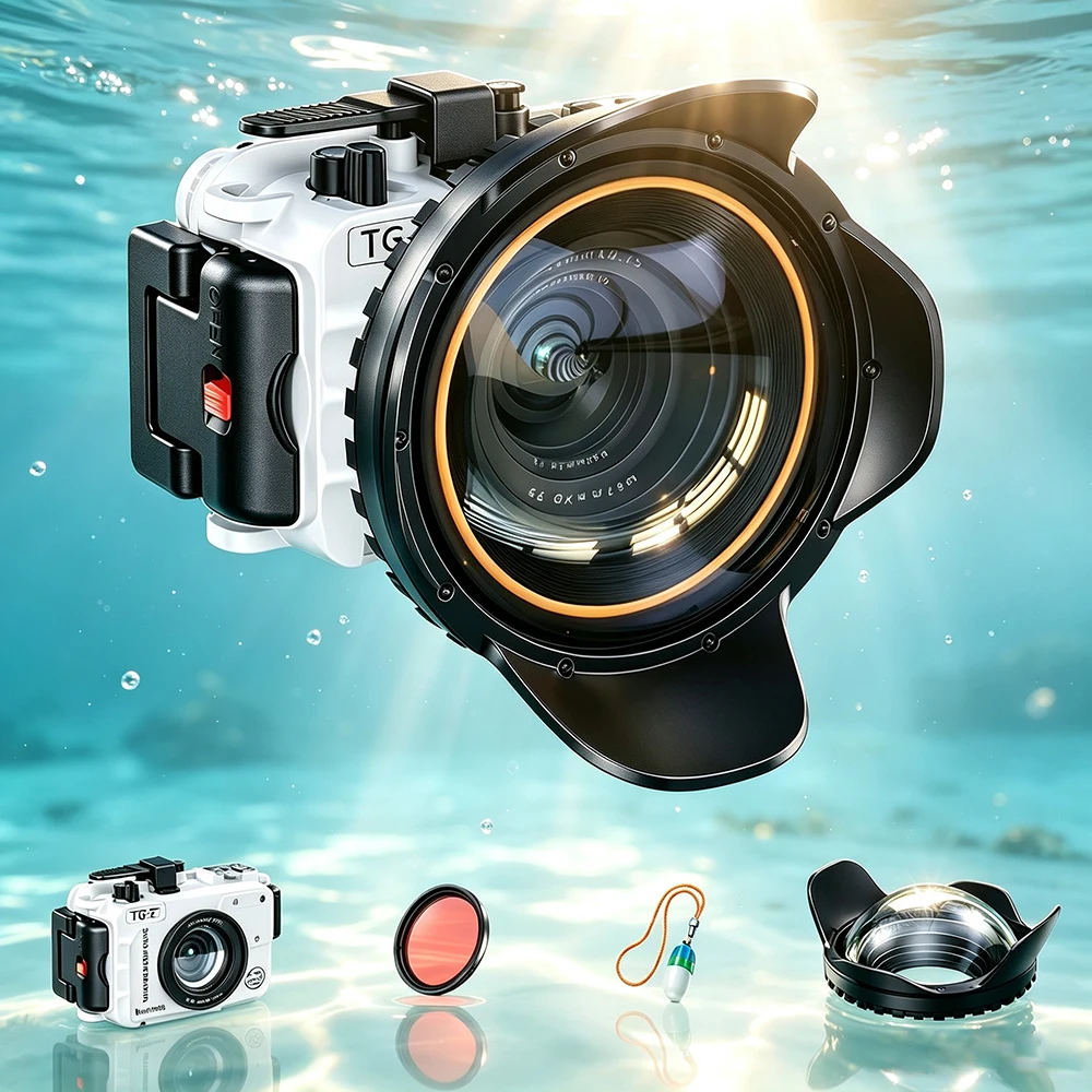 Seafrogs 60m Waterproof Case+Red Filter+Signal Light+4.3/6-Inch Wide-Angle Lens 4 pcs Sets For Olympus TG7 TG6 Photography Kits