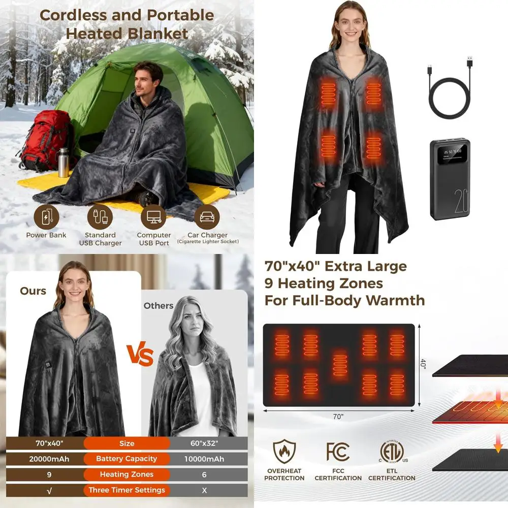 

Portable Cordless Heated Blanket with 3-Level Warmth, 20000mAh Rechargeable Battery, 70x40 for Camping, Home, Office, and Car Us