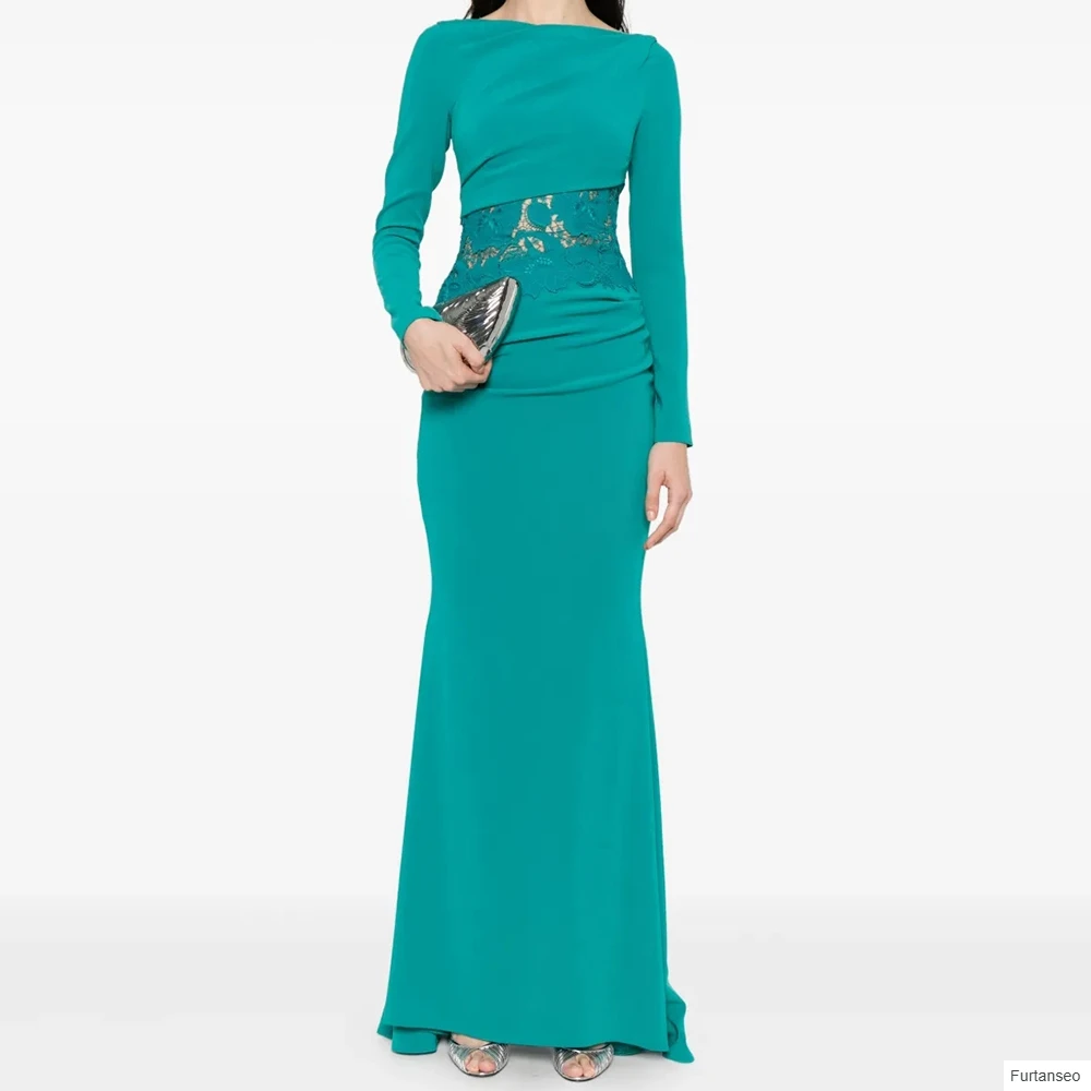 Meerjungfrau-Abendkleider für Damen, bodenlang, U-Boot-Ausschnitt, volle Ärmel, Ballkleid, modische Spitze, schlicht, drapiert, lässig, individuell gestaltete Kleider