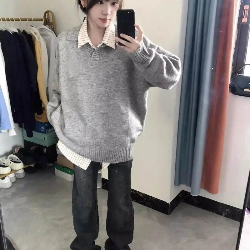 

College style gray sweater for women loose lazy American retro autumn and winter lapel sweater trendy Hot Loose and Lazy