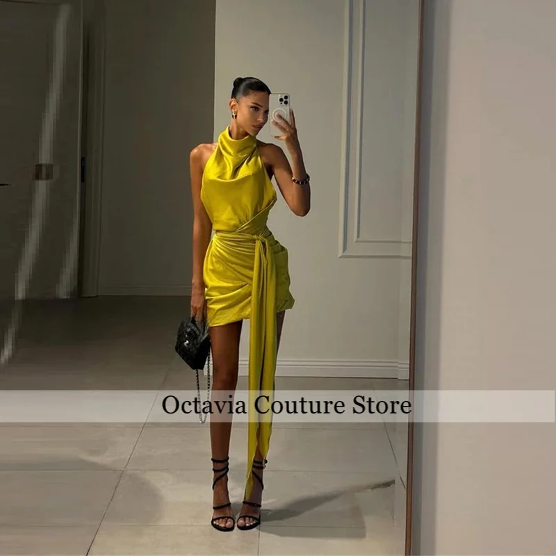Sexy Olive Green Mini Evening Dresses Sleeveless Pleated Satin Prom Dresses Birthday Party Cocktail Prom Gowns  Customized