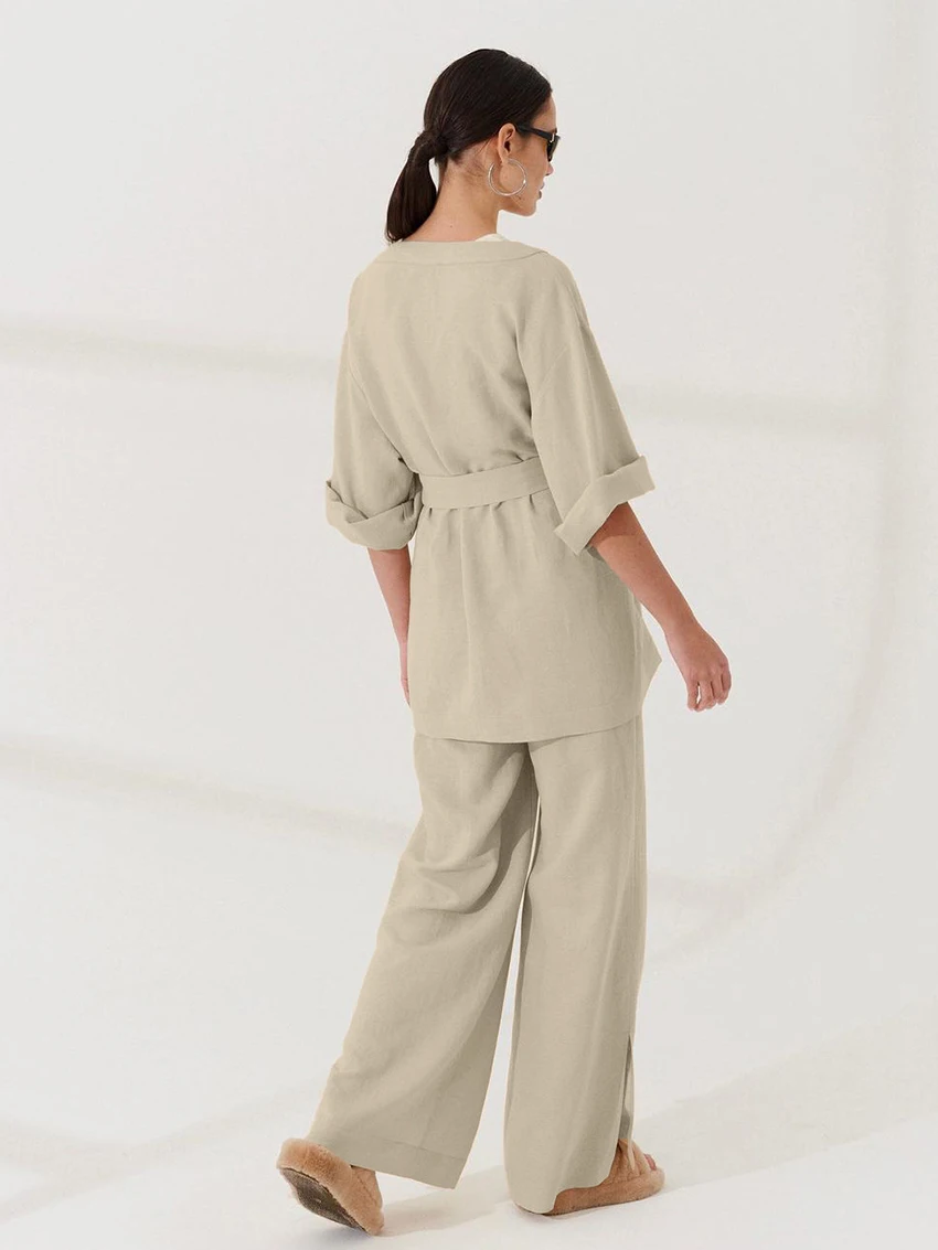 Marthaqiqi Cotton Women Sleepwear Set Sexy V-Neck Pajamas Long Sleeve Robe Lace Up Nightgowns Pants Casual Ladies Nightwear Suit