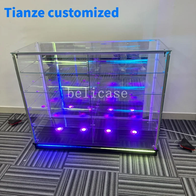 

(Customized) retail shop display showcase with colorful LED light lockable display adjustable shelves glass cabinet Smo