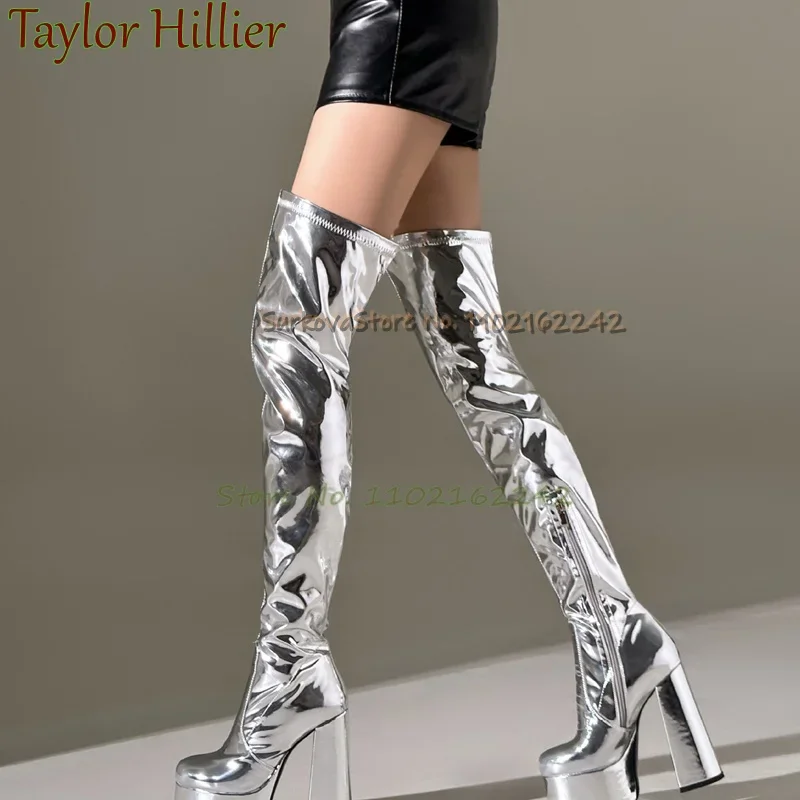 

Silver Patent Leather Thick Heel Over-The-Knee Boots Round Toe Side Zipper Winter Long Boots Party Oversized Women'S Boots 45