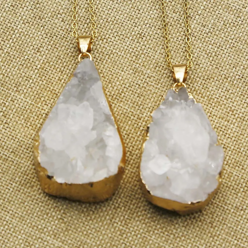 Natural Stone Water Drop Druzy Pendant Stainless Steel Chain White Sparkling Bud Irregular Gold Edged Necklace Jewelry Gift 4Pcs