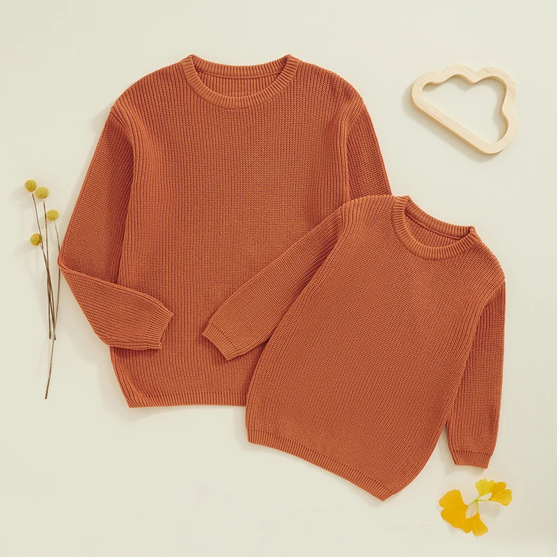 Autumn Winter Fashion Mommy and Me Matching Sweaters Solid Color Ribbed Long Sleeve Round Neck Chunky Knit Tops